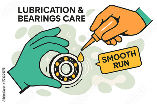 Smooth Bearing Precision. Lubrication & Bearings Care. Hands in gloves applying a precision oil drop to a spinning bearing, tiny sparkles showing smooth
