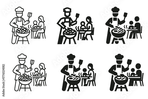 Backyard BBQ Logos. A family enjoying a BBQ in the backyard, with grilled meats and vegetables. Set Logo of A family enjoying a BBQ in the backyard, with