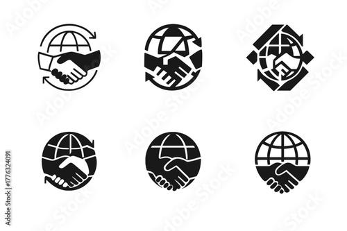 Global Trade Logos. tariff negotiations. Set Logo of tariff negotiations: handshake over globe and trade arrows. Icon set. harmonious logo variations of the
