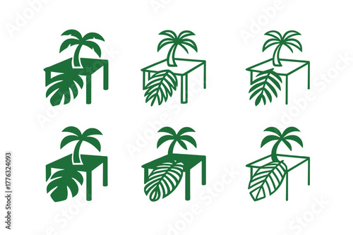 Tropical Palm Logo Variations. Tropical palm tree decor for summer events. Set Logo of Tropical palm tree decor for summer events: palm frond table runner.