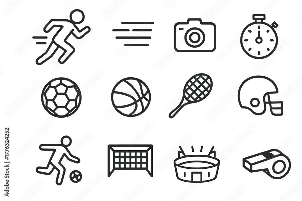 Obraz premium Athletic Motion Icon Set. Athletic motion. Line icon set of athletic motion: athlete running, motion lines, camera, stopwatch, soccer ball, basketball, tennis