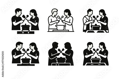 Harmonious Cooking Logos. Couples cooking together in the kitchen. Set Logo of couples cooking together in the kitchen: couple toasting spatula and ladle over