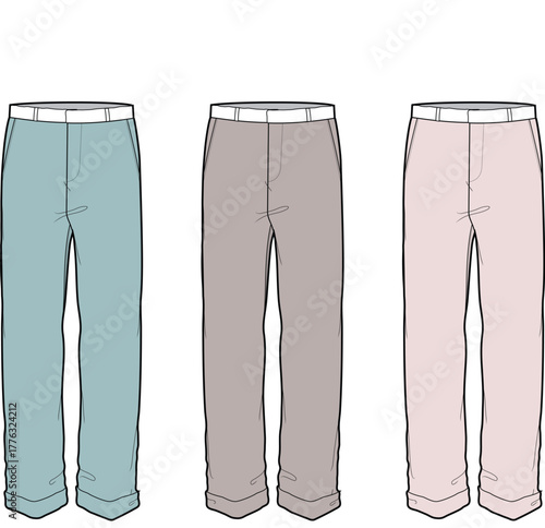 A collection of fashion flat sketches showing casual trousers in three pastel colors. Vector technical drawing set for apparel design and clothing manufacturing