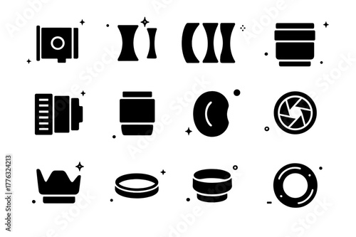 Photographic Lens Icons. Photographic Lenses Evolution. Solid icons set of Photographic Lenses Evolution: petzval lens, rapid rectilinear, tessar lens, soft