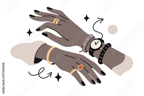 Elegant Accessory Styling. Fashion accessories styling. Model?s hands layering bracelets, rings, and watches over neutral tones. Movement, elegance, and