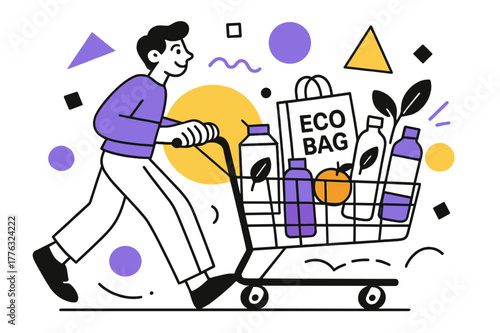 Sustainable Shopping Spree. Eco-Friendly Shopping Hauls. Person pushing a shopping cart filled with eco-friendly products and floating abstract geometric