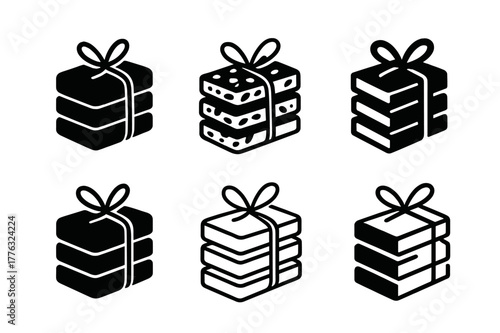 Granola Bar Logos. Baking a batch of granola bars for on-the-go snacks. Set Logo of baking a batch of granola bars for on-the-go snacks: granola bar stack tied