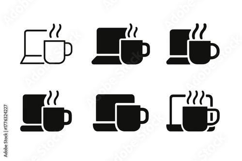 Coffee and Laptop Icons. Drinking coffee while working. Icon set. Set Logo of drinking coffee while working: steaming mug beside open laptop. harmonious logo