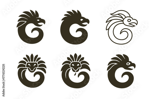 Mythical Emblem Variations. Ancient gods and goddesses in a mystical landscape. Set Logo of Ancient gods and goddesses in a mystical landscape: Quetzalcoatl