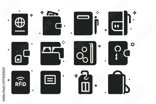Travel Wallet Icons. Travel wallets and organizers. Solid icons set of travel wallets and organizers: passport slot, boarding pass sleeve, ticket holder, pen