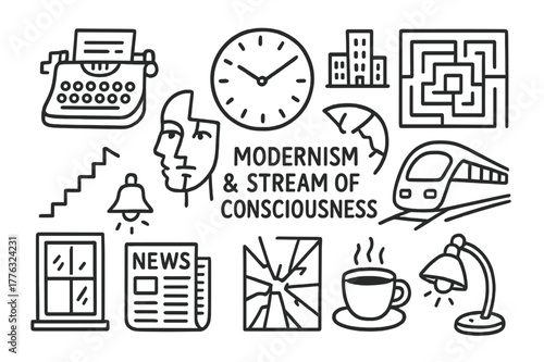 Modernism Doodle Icons. Modernism and stream of consciousness. Hand-drawn doodle illustration Modernism and stream of consciousness typewriter,