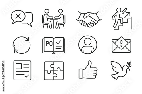Workplace Conflict Icons. Conflict at work. Line icon set of conflict at work: crossed speech bubbles, mediation table, handshake, escalation ladder, feedback