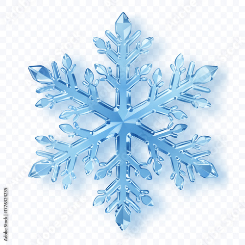 A complex, six-pointed snowflake with crystalline facets in shades of blue with soft shadow on a transparent background. Transparency only in vector format.
