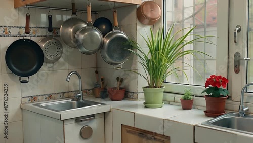 Perspective of a Residential Food Preparation Area Showing Cooking Vessels Suspended Above a Basin Adjacent to Potted Vegetation on a Window