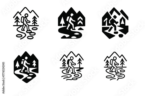 Trekking Logo Icons. Trekking in remote and unexplored areas. Set Logo of Trekking in remote and unexplored areas: river crossing with stepping stones. Icon