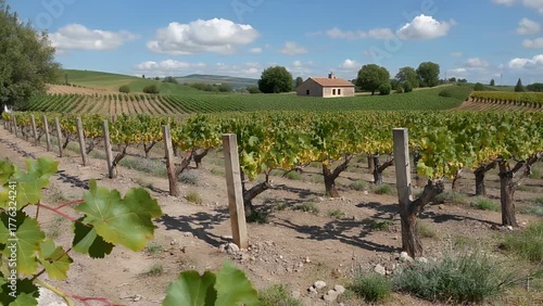 Scenic Vista of Sun-Drenched Grape Plantations Cultivated on Rolling Hills Under a Clear Sky Representing a Renowned Wine-Producing