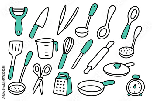Cooking Tools Doodle. // Cooking tools. Hand-drawn doodle illustration cooking tools [vegetable peeler (accented), chef?s knife (accented), tongs, ladle, spoon