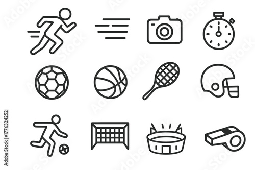 Athletic Motion Icon Set. Athletic motion. Line icon set of athletic motion: athlete running, motion lines, camera, stopwatch, soccer ball, basketball, tennis