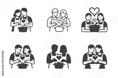 Cooking Love Icons. Couples cooking together in the kitchen. Set Logo of couples cooking together in the kitchen: pair wearing aprons with heart-shaped steam