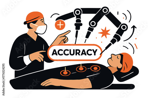 Robotic Surgery Precision. Healthcare Tech ? Robotics in Surgery. Robotic arms extend delicately over a stylized patient; soft circles mark precision points.