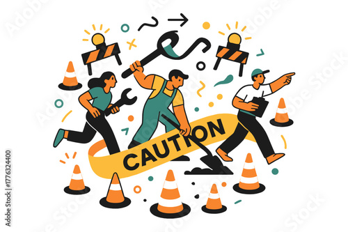 Dynamic Urban Repair. Urban repair scene. Cones, barriers, and blinking lights creating a circular frame; ?CAUTION? ribbon flows dynamically across. Energy of