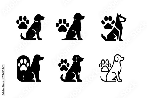 Pet Training Icons. Pet training and obedience classes. Set Logo of Pet training and obedience classes: heel position footsteps beside dog. Icon set.