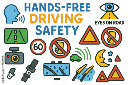 Hands-Free Driving Safety. Hands-free driving safety. Colorful Hand-drawn doodle Children illustration Hands-free driving safety eyes on road icon, do not