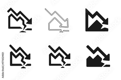 Market Volatility Logos. Market volatility risk. Set Logo of Market volatility risk: zigzag graph breaking support. harmonious logo variations of the same