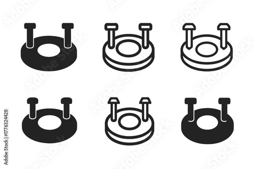 Toilet Installation Logos. Toilet installation guide. Icon set. Set Logo of toilet installation guide: flange and bolts. harmonious logo variations of the same