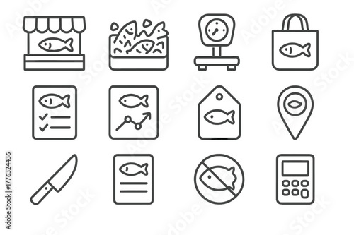 Fish Market Icons. Fish Markets and Consumers. Line icon set of Fish Markets and Consumers: market stall, iced fish display, weighing scale, reusable bag,