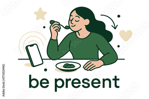Mindful Digital Detachment. Mindful Eating ? Digital Detox. Phone set aside beside a small plate; soft lines fade from the screen outward. Caption ?be present?