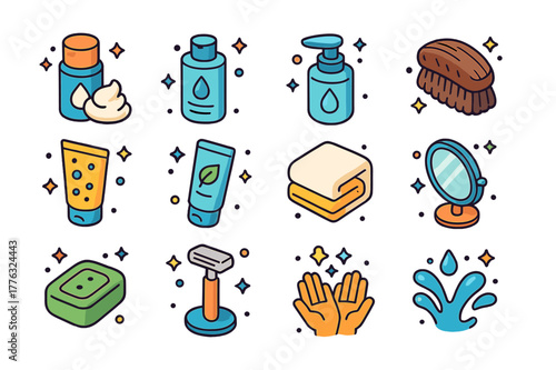 Men's Skincare Icons. Men?s skincare hygiene. Colorful isometric vector icons set of Men?s skincare hygiene: shaving cream, aftershave balm, face cleanser,