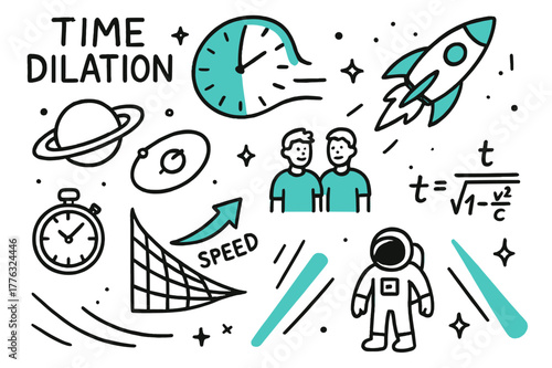 Time Dilation Symbols. // Time dilation. Hand-drawn doodle illustration Time dilation [clock stretch (accented), rocket (accented), planet orbit, twin paradox
