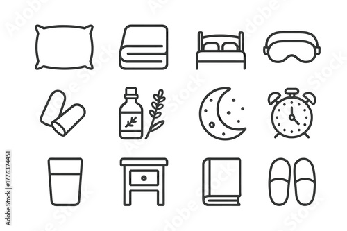 Sleep Essentials Icons. Sleep Essentials. Line icon set of Sleep Essentials: pillow, blanket, bed, sleep mask, earplugs, lavender bottle, moon, alarm clock,