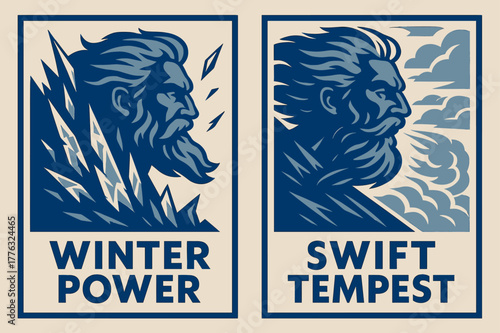 Boreas Winter Tempest. Storm Herald. Two vertical A6 banners with safe margins, centered composition, no elements touching edges, bold, cobalt and ice gray,