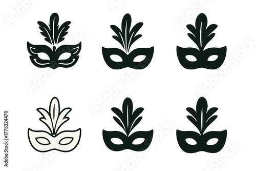 Venetian Mask Logos. ceremonial masks. Set Logo of ceremonial masks: Venetian carnival mask with plume. Icon set. harmonious logo variations of the same
