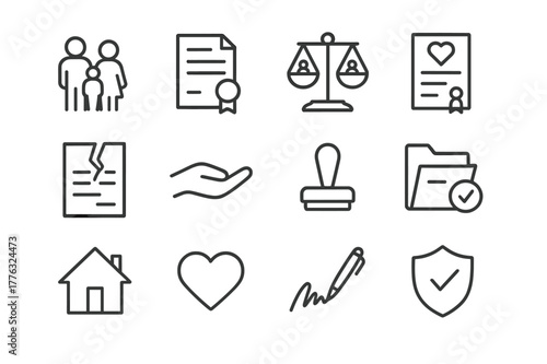 Family Law Icons. Family and Personal Law. Line icon set of Family and Personal Law: family silhouette, legal document, custody scale, marriage certificate,