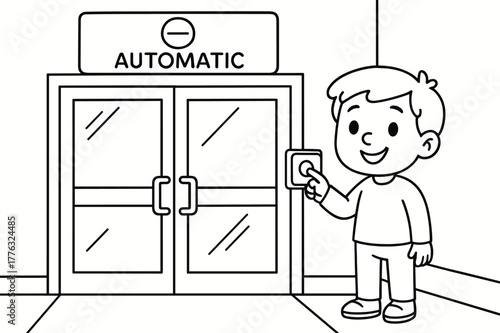 Accessible Entrance Coloring Page. Accessible building entrance children?s coloring book illustration, outlined drawing, a wide door with automatic opener and