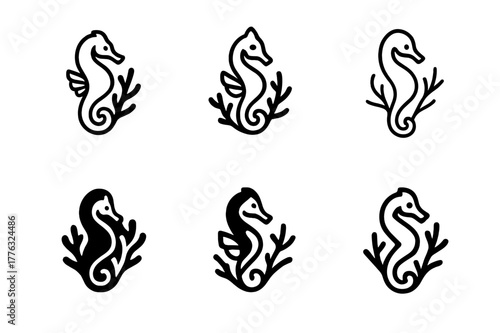 Coral Reef Emblems. A vibrant coral reef teeming with colorful fish, sea turtles, and coral formations. Set Logo of A vibrant coral reef teeming with colorful