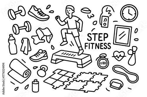 Step Fitness Doodle Icons. Step Fitness. Hand-drawn doodle illustration Step Fitness step platform, person jumping, dumbbells, sneakers, towel, water bottle,