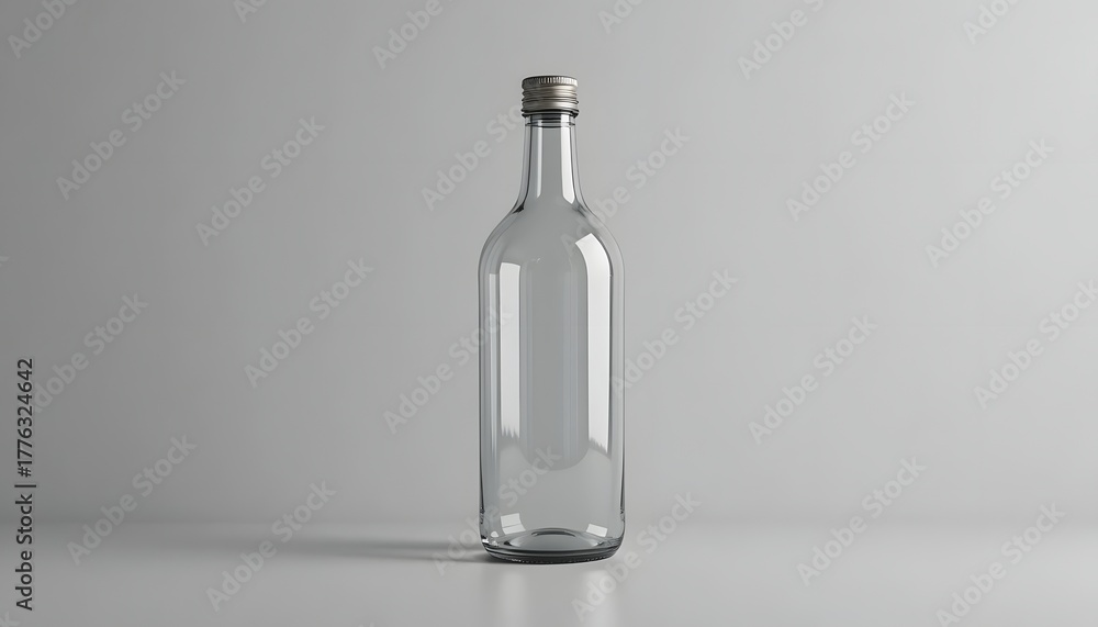 Fototapeta premium Sleek modern glass bottle with metallic cap, perfect for showcasing beverages, spirits, or creative product mockups in a clean studio setting.