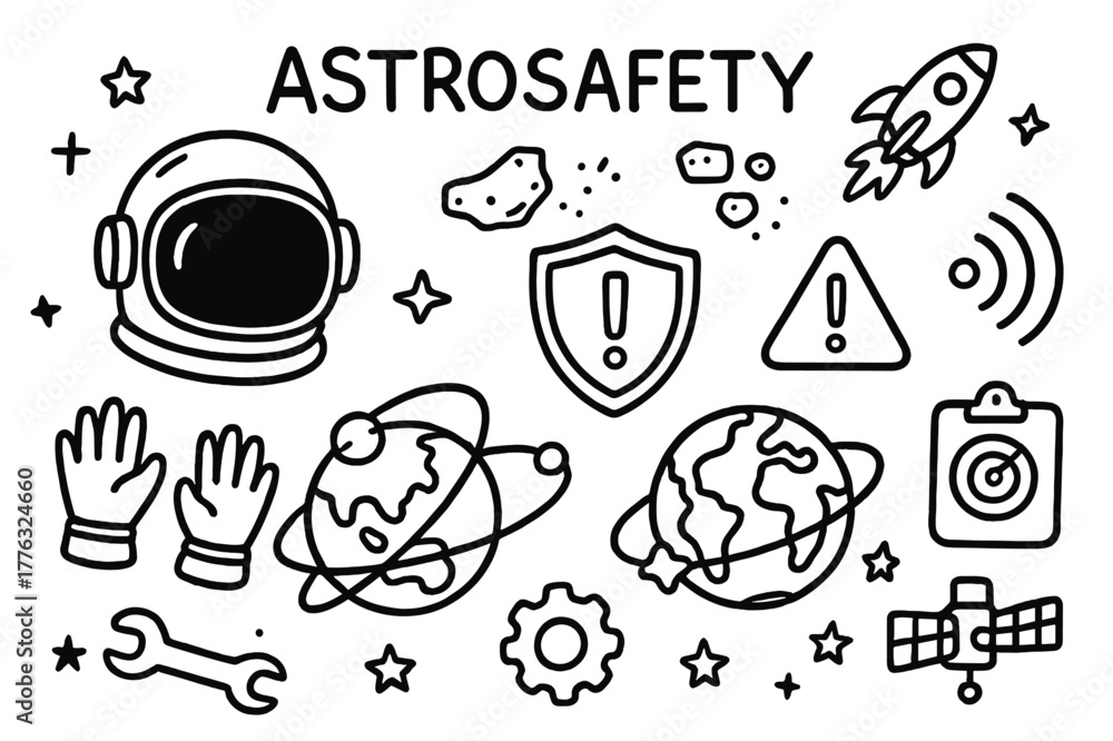 Fototapeta premium Astrosafety Doodle Elements. Astrosafety. Hand-drawn doodle illustration astrosafety astronaut helmet, shield, orbit path, Earth, debris, alarm, signal waves,
