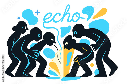 Echoing Silhouettes. Whispers of the Pit. Silhouettes lean toward a glowing gap, thin speech lines forming the word ?echo?. Small eyes flicker like distant