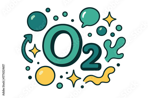 Energetic Oxygen Dynamics. Oxygen. Molecular oxygen symbol (O2) floating with abstract bubbles and sparkles; emphasizes chemical element, life-support, and air