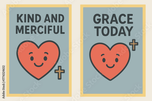 Kindness and Grace Banners. Mercy. Two vertical A6 banners with safe margins, centered composition, no elements touching edges, cartoon, lemon and slate,