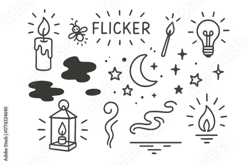 Flickering Night Icons. Flicker. Hand-drawn doodle illustration flicker candle flame, spark lines, firefly, matchstick, glowing bulb, lantern, shadow shapes,