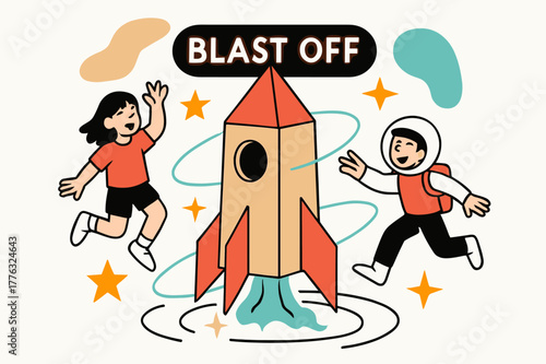 Playroom Rocket Launch. Playroom ? Rocket launch corner. Cardboard rocket stands ready; star stickers and orbit lines lift from the floor. The words ?BLAST