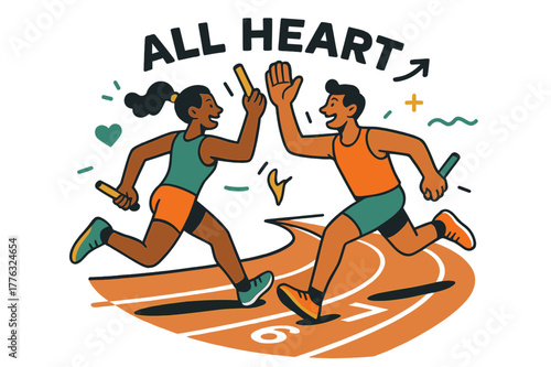 Track Team Unity. Track team high-five. Sprinters jog the curve slapping hands; batons point skyward like tiny flags. ?All heart? sweeps above the lane