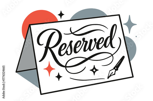 Elegant Calligraphy Card. Calligraphy Place Card. Swirling strokes spell ?Reserved? across a folded card, ink lines flicking like comet tails. A tiny pen nib