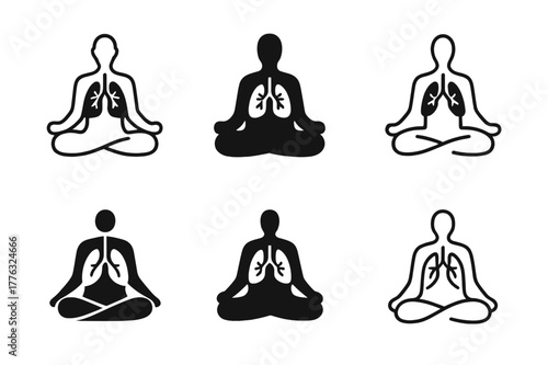 Mindful Breathing Logos. Mindfulness and meditation. Set Logo of Mindfulness and meditation: mindful breathing lungs. Icon set. harmonious logo variations of